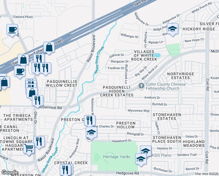 map of restaurants, bars, coffee shops, grocery stores, and more near 4632 Ladyfern Way in Plano