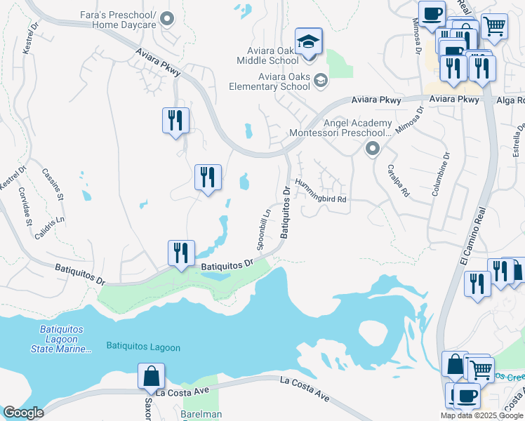 map of restaurants, bars, coffee shops, grocery stores, and more near 7235 Spoonbill Lane in Carlsbad