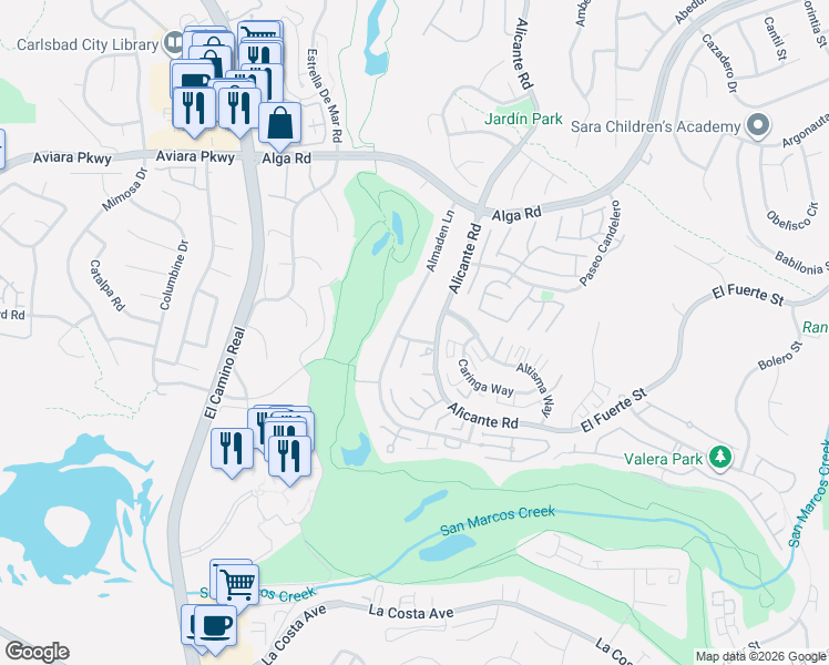 map of restaurants, bars, coffee shops, grocery stores, and more near 2212 Plaza Bonita in Carlsbad