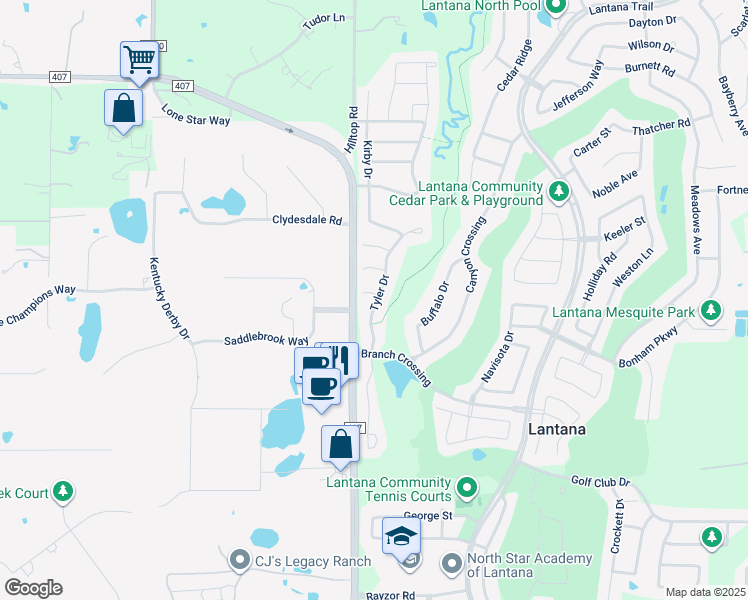 map of restaurants, bars, coffee shops, grocery stores, and more near 2307 Farm to Market Road 407 in Bartonville
