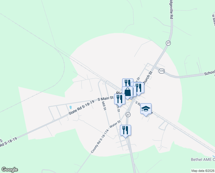 map of restaurants, bars, coffee shops, grocery stores, and more near 481 South Railroad Avenue in Ridgeville