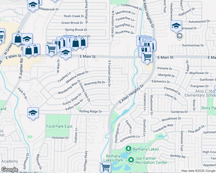 map of restaurants, bars, coffee shops, grocery stores, and more near 915 Valley View Drive in Allen