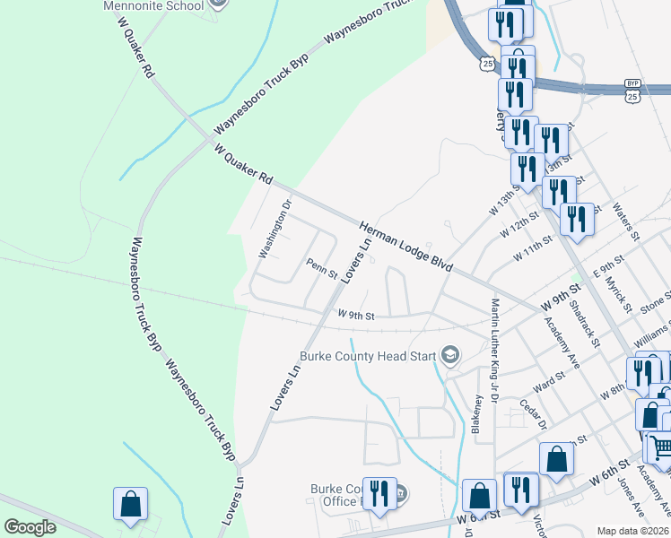 map of restaurants, bars, coffee shops, grocery stores, and more near 118 Lovers Lane in Waynesboro
