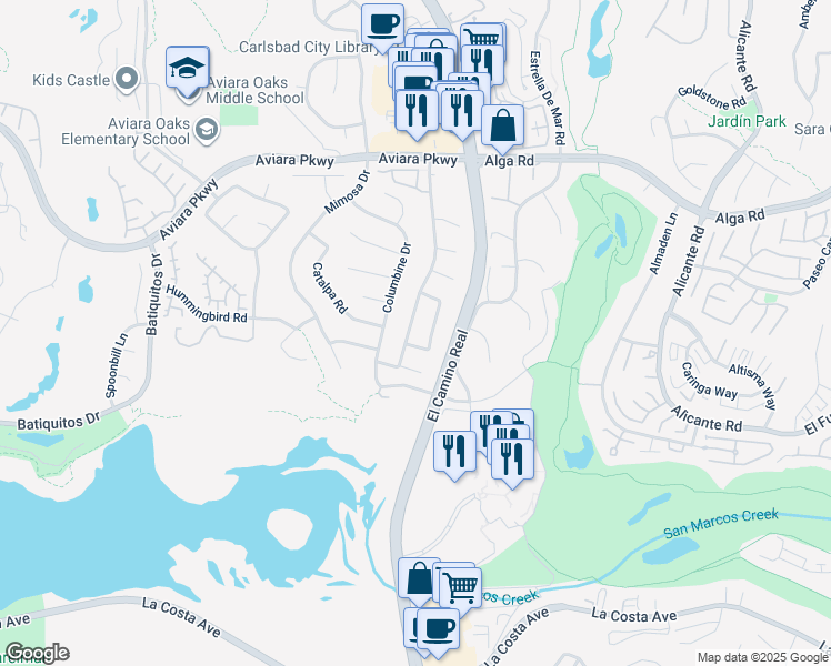 map of restaurants, bars, coffee shops, grocery stores, and more near 7214 Manzanita Street in Carlsbad