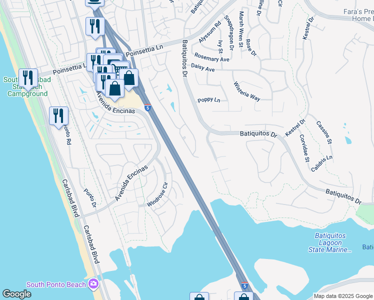 map of restaurants, bars, coffee shops, grocery stores, and more near 7425 Linden Terrace in Carlsbad