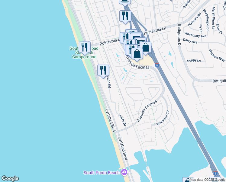 map of restaurants, bars, coffee shops, grocery stores, and more near 7248 Ponto Drive in Carlsbad