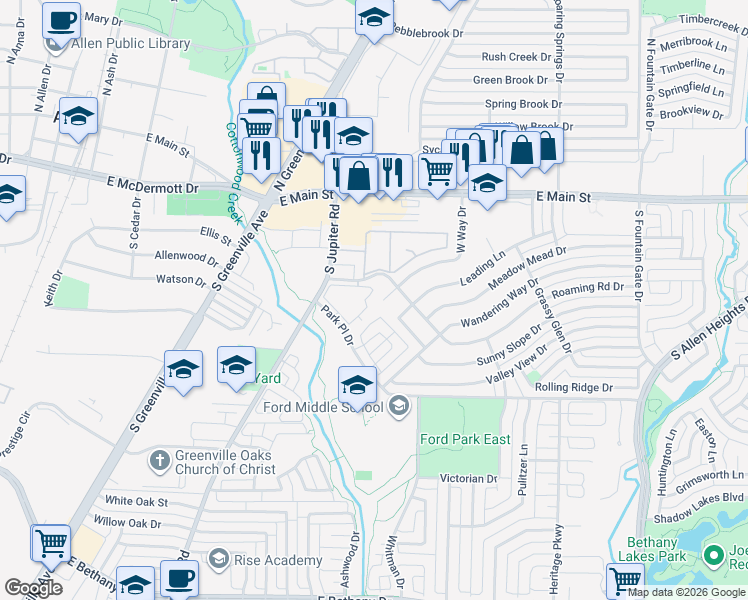 map of restaurants, bars, coffee shops, grocery stores, and more near 655 Leading Lane Drive in Allen