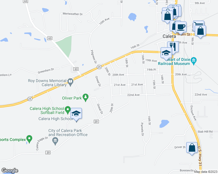 map of restaurants, bars, coffee shops, grocery stores, and more near 2011 20th Street in Calera