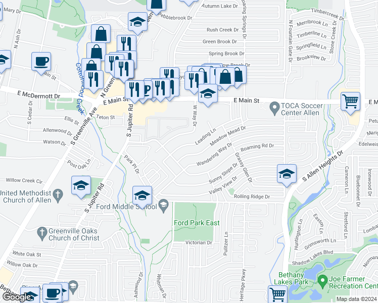 map of restaurants, bars, coffee shops, grocery stores, and more near 713 Meadow Mead Drive in Allen