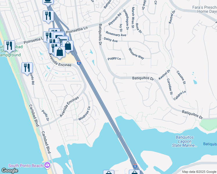 map of restaurants, bars, coffee shops, grocery stores, and more near 7414 Lantana Terrace in Carlsbad
