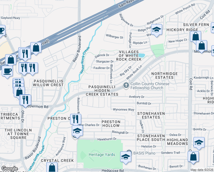 map of restaurants, bars, coffee shops, grocery stores, and more near 4600 Ladyfern Way in Plano