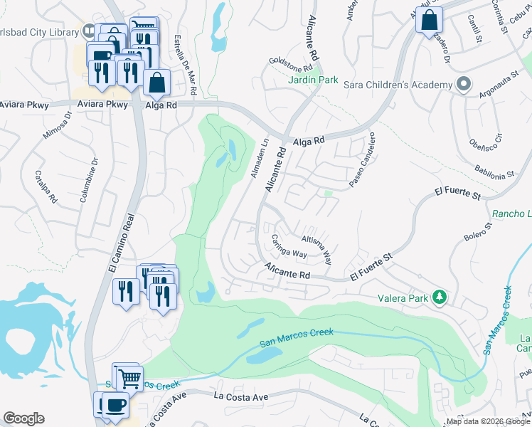map of restaurants, bars, coffee shops, grocery stores, and more near 2305 Altisma Way in Carlsbad