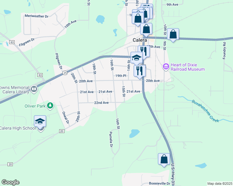 map of restaurants, bars, coffee shops, grocery stores, and more near 2051 16th Street in Calera