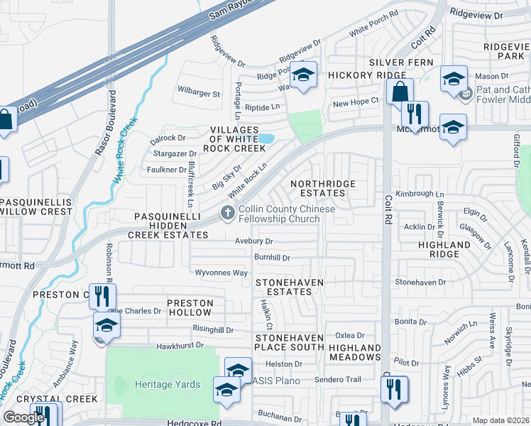 map of restaurants, bars, coffee shops, grocery stores, and more near 8724 Mandevilla Drive in Plano