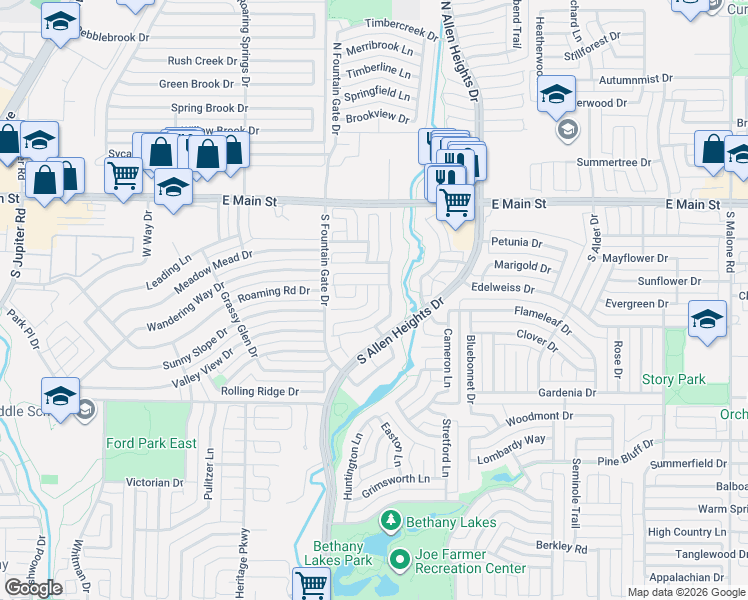 map of restaurants, bars, coffee shops, grocery stores, and more near 305 Droinwich Circle in Allen