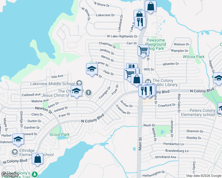 map of restaurants, bars, coffee shops, grocery stores, and more near 6868 Younger Drive in The Colony