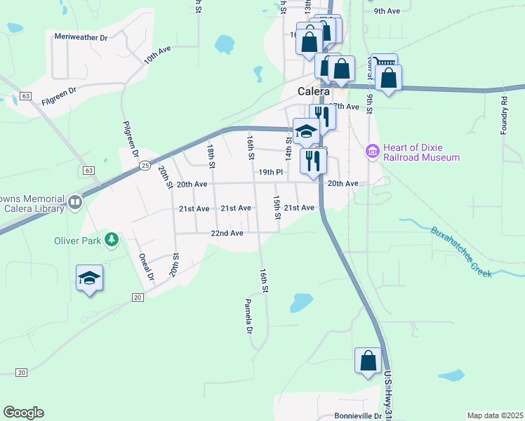 map of restaurants, bars, coffee shops, grocery stores, and more near 2051 16th Street in Calera