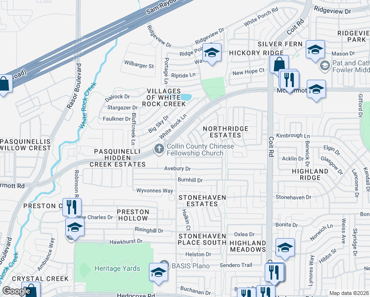 map of restaurants, bars, coffee shops, grocery stores, and more near 8724 Mandevilla Drive in Plano