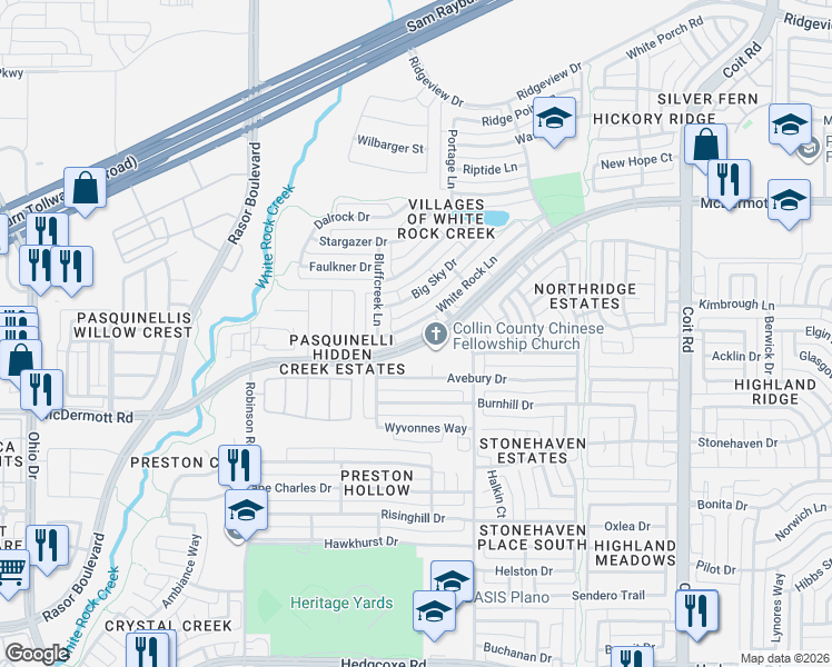 map of restaurants, bars, coffee shops, grocery stores, and more near 4509 White Rock Lane in Plano