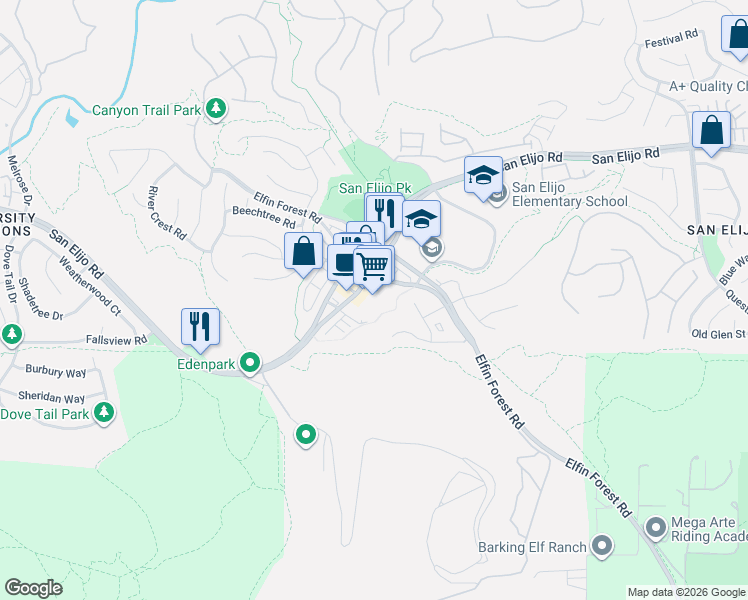 map of restaurants, bars, coffee shops, grocery stores, and more near 1571 San Elijo Road South in San Marcos