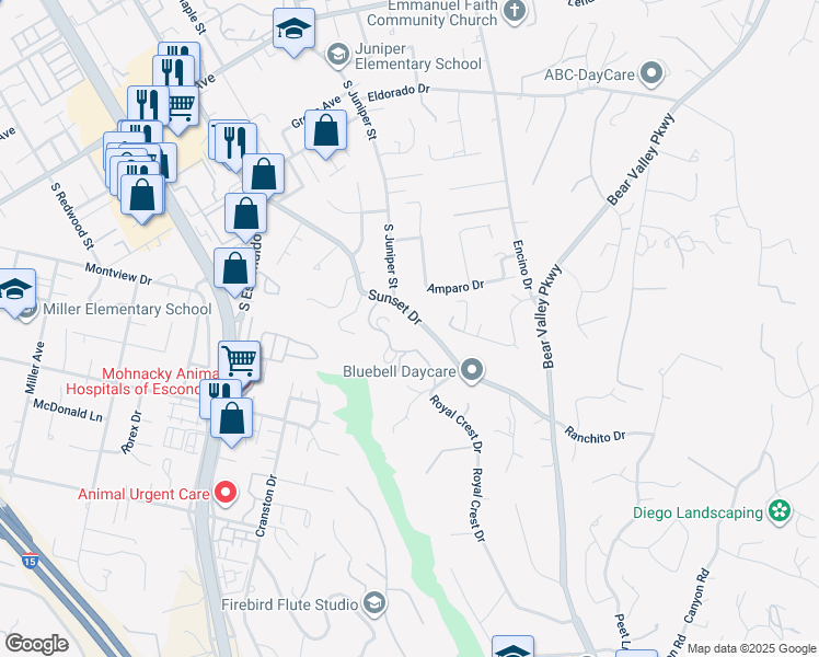 map of restaurants, bars, coffee shops, grocery stores, and more near 2239 Sunset Drive in Escondido