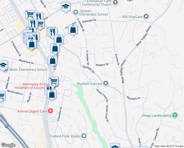 map of restaurants, bars, coffee shops, grocery stores, and more near 2239 Sunset Drive in Escondido