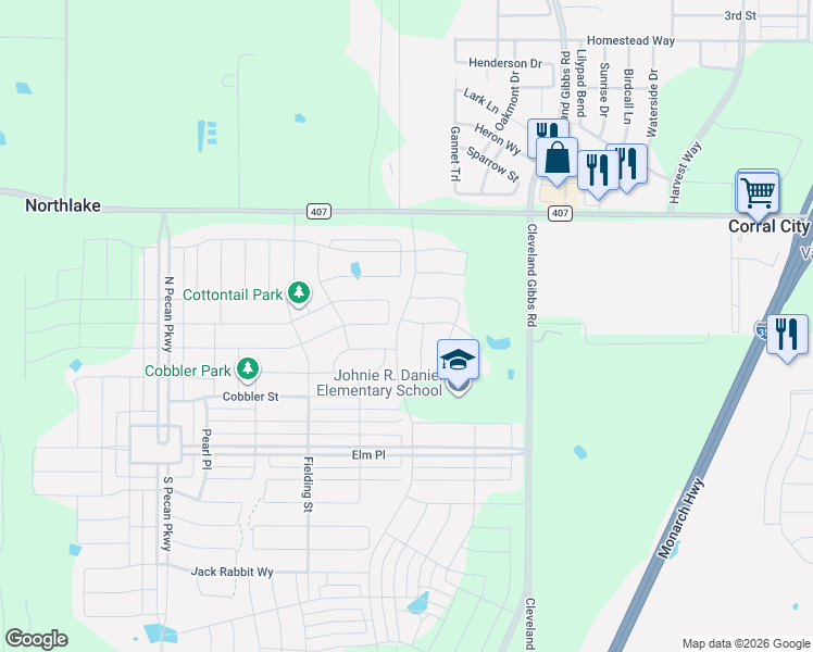 map of restaurants, bars, coffee shops, grocery stores, and more near 1400 Farm to Market Road 407 in Northlake