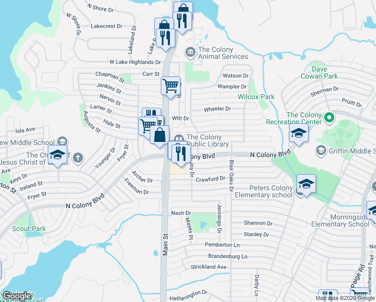 map of restaurants, bars, coffee shops, grocery stores, and more near in The Colony