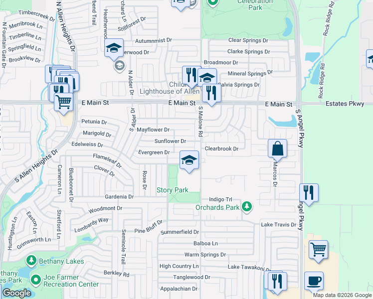 map of restaurants, bars, coffee shops, grocery stores, and more near 1541 Sunflower Drive in Allen