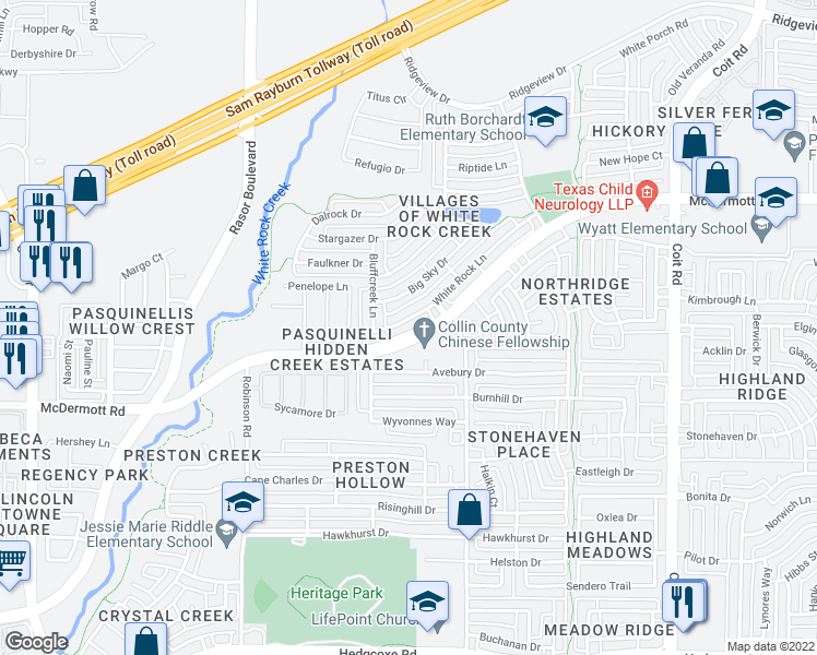 map of restaurants, bars, coffee shops, grocery stores, and more near 4509 White Rock Lane in Plano