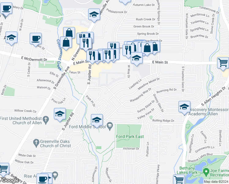 map of restaurants, bars, coffee shops, grocery stores, and more near 703 Leading Lane in Allen