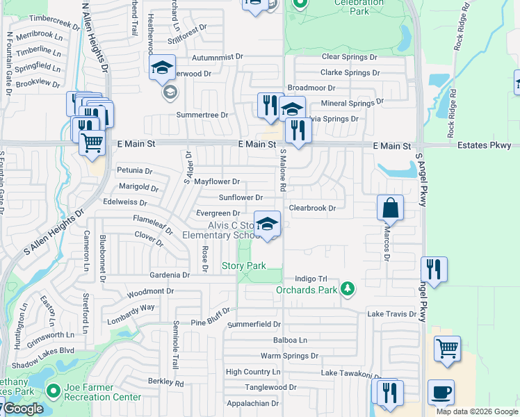 map of restaurants, bars, coffee shops, grocery stores, and more near 1541 Sunflower Drive in Allen