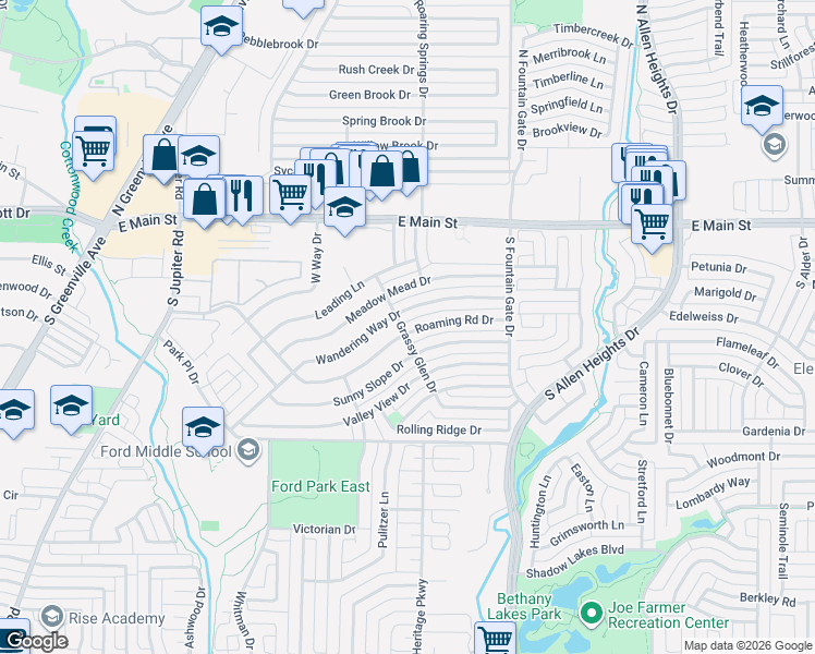 map of restaurants, bars, coffee shops, grocery stores, and more near 810 Wandering Way Drive in Allen