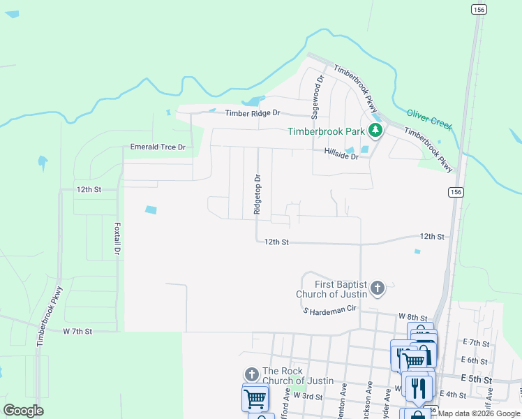 map of restaurants, bars, coffee shops, grocery stores, and more near 1013 Ridgetop Drive in Justin