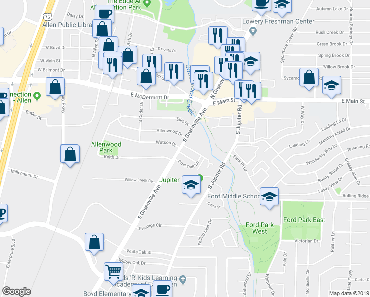 map of restaurants, bars, coffee shops, grocery stores, and more near 413 Watson Drive in Allen