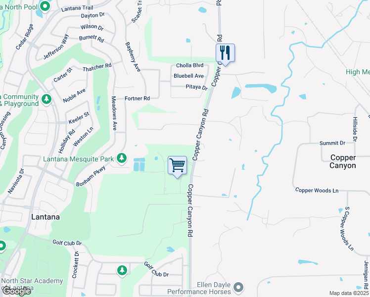 map of restaurants, bars, coffee shops, grocery stores, and more near 975 Copper Canyon Road in Argyle