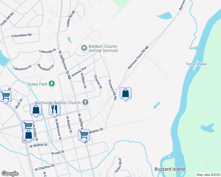 map of restaurants, bars, coffee shops, grocery stores, and more near 1140 Orchard Hill Road in Milledgeville