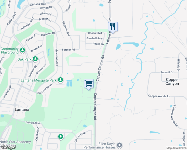 map of restaurants, bars, coffee shops, grocery stores, and more near 975 Copper Canyon Road in Argyle