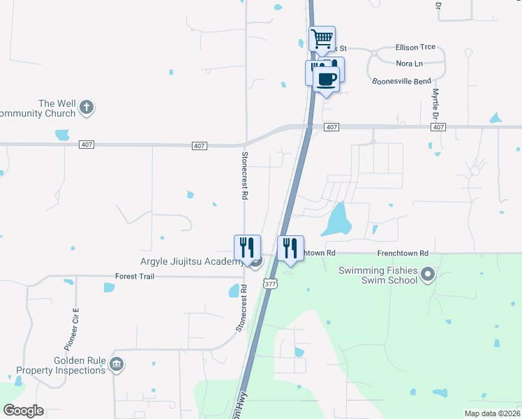 map of restaurants, bars, coffee shops, grocery stores, and more near 623 Stonecrest Road in Argyle