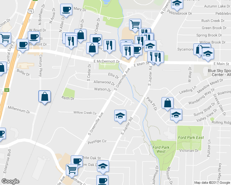 map of restaurants, bars, coffee shops, grocery stores, and more near 500 Cedar Elm Lane in Allen