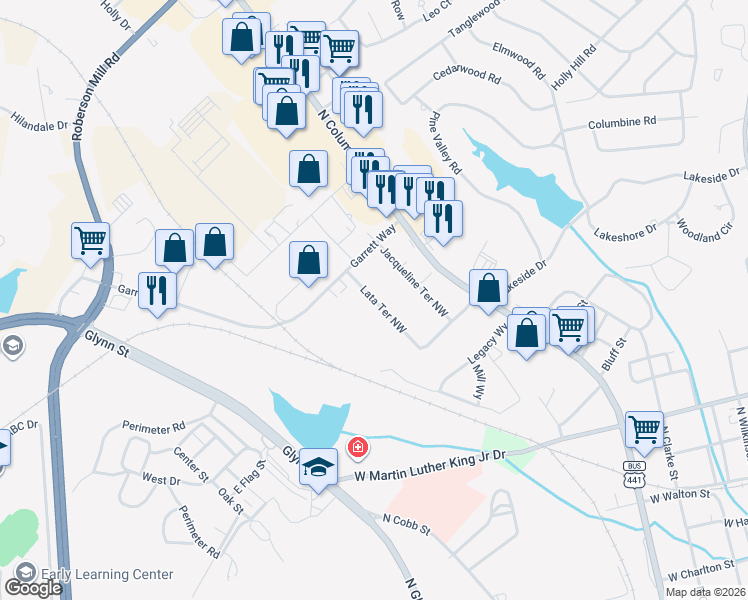map of restaurants, bars, coffee shops, grocery stores, and more near 103B Lata Terrace Northwest in Milledgeville