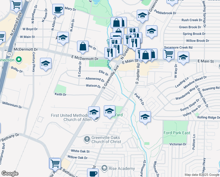 map of restaurants, bars, coffee shops, grocery stores, and more near 515 Toorpu Circle in Allen