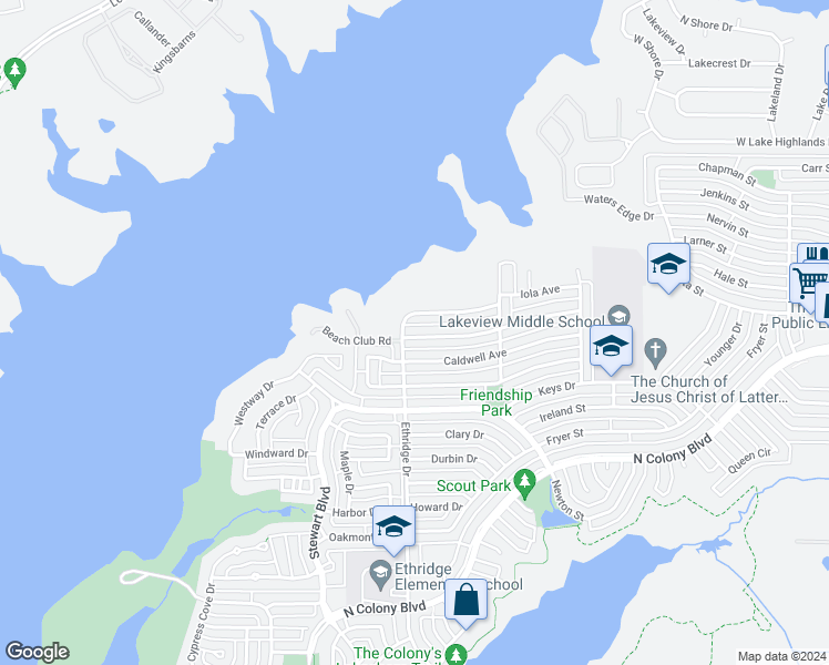 map of restaurants, bars, coffee shops, grocery stores, and more near 4108 Driscoll Drive in The Colony