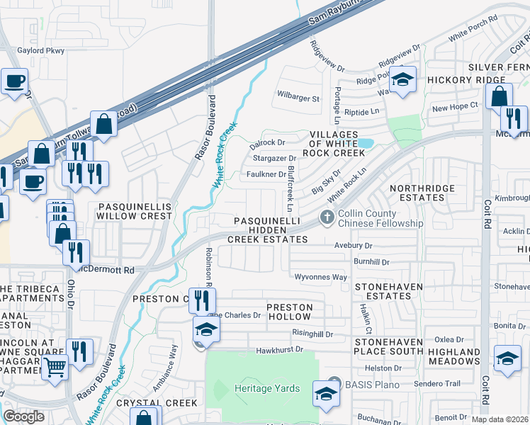 map of restaurants, bars, coffee shops, grocery stores, and more near 8722 Bigelow Drive in Plano