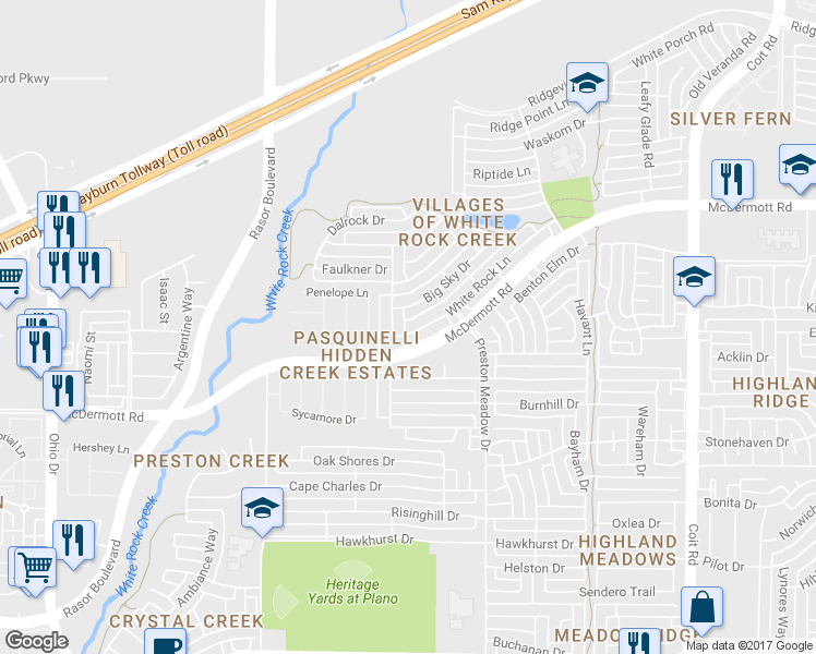 map of restaurants, bars, coffee shops, grocery stores, and more near 4528 Big Sky Drive in Plano