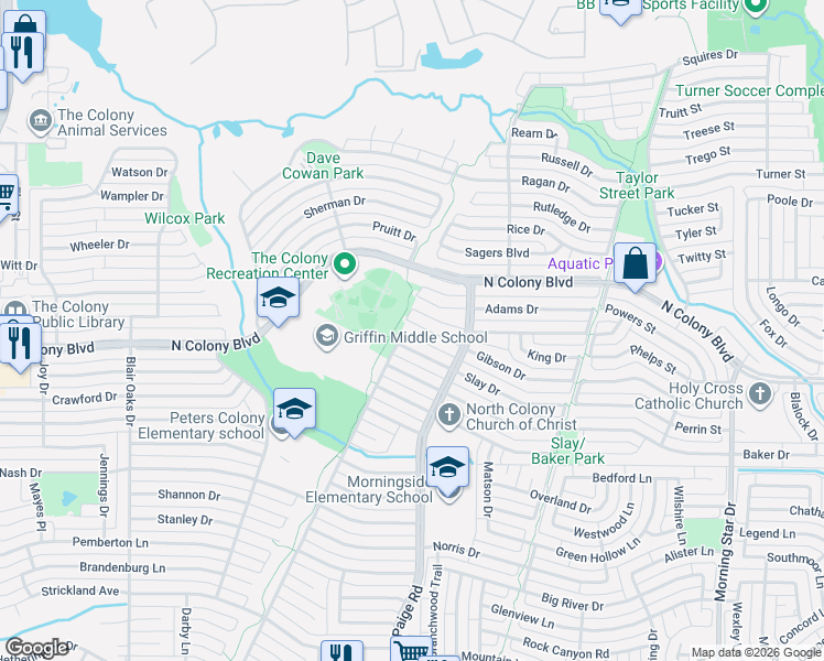 map of restaurants, bars, coffee shops, grocery stores, and more near 5201 Gibson Drive in The Colony