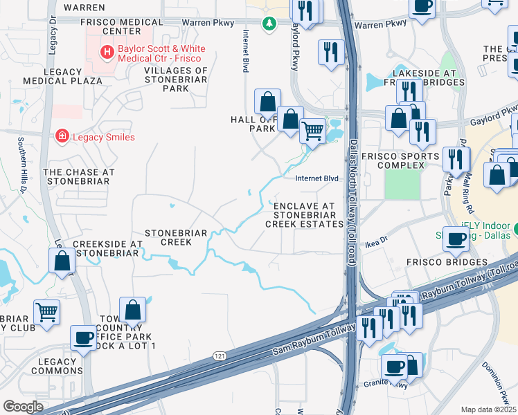 map of restaurants, bars, coffee shops, grocery stores, and more near 2 Stonebriar Way in Frisco