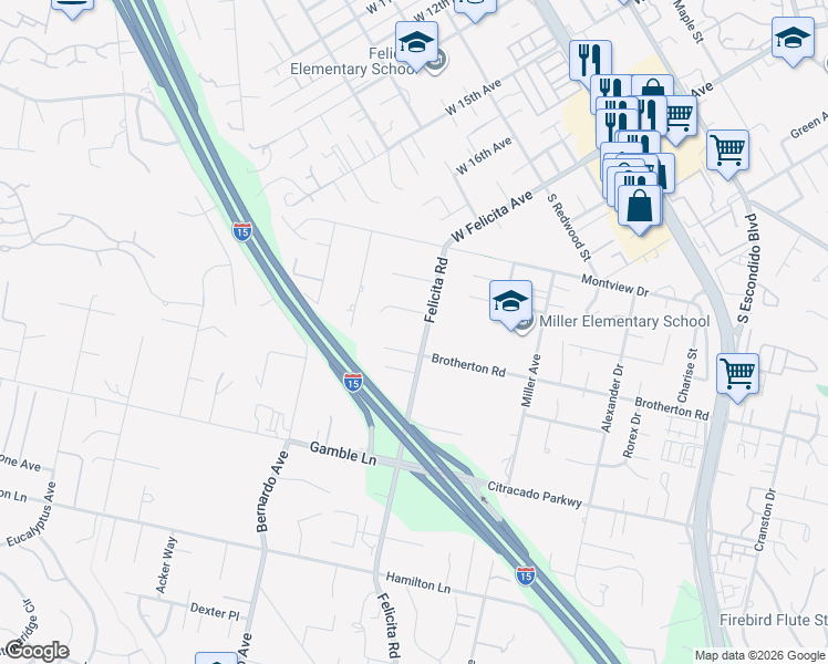 map of restaurants, bars, coffee shops, grocery stores, and more near 1981 Felicita Road in Escondido