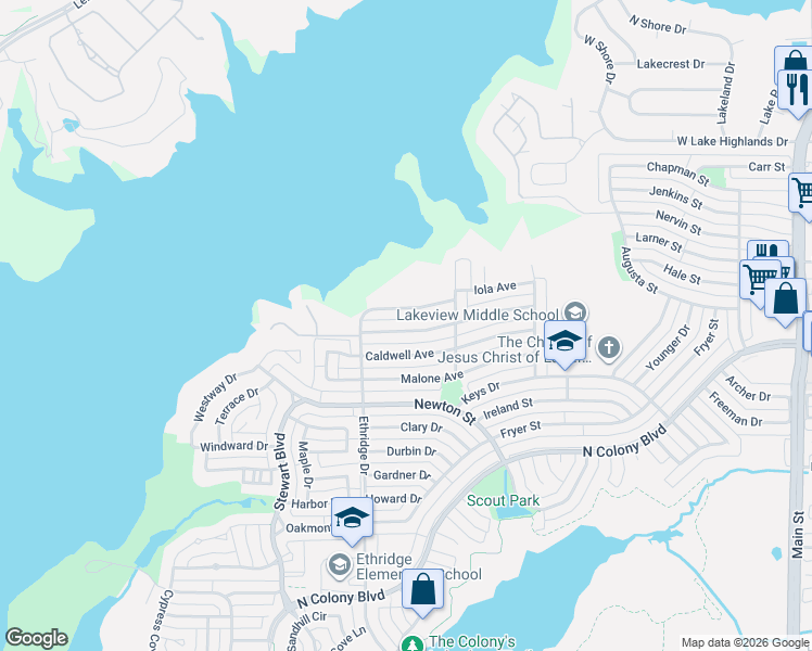 map of restaurants, bars, coffee shops, grocery stores, and more near 4149 Ballard Trail in The Colony