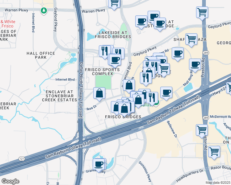 map of restaurants, bars, coffee shops, grocery stores, and more near 7755 John Q Hammons Drive in Frisco